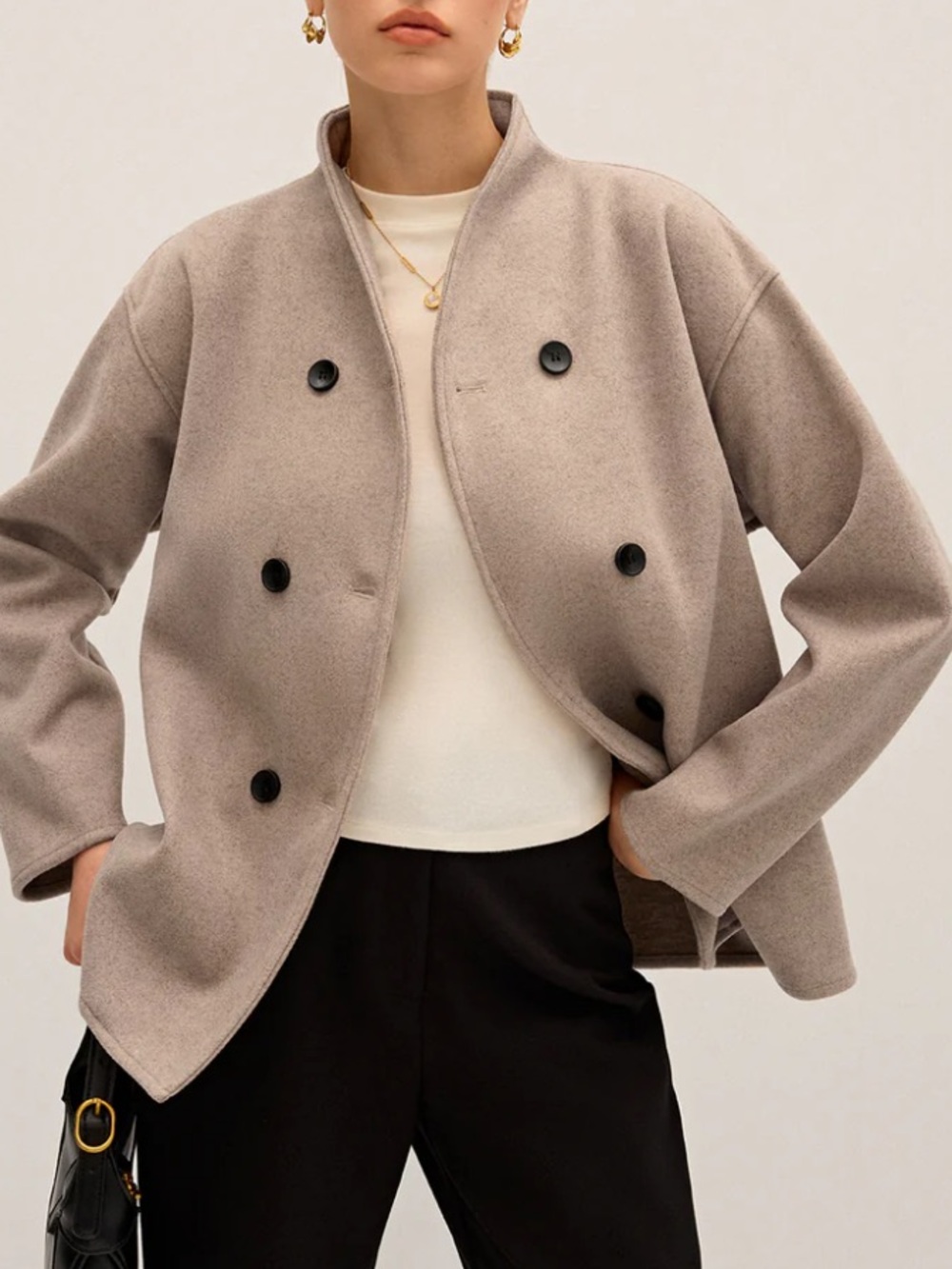 COMMENSE Taupe Double-Breasted Oversized Jacket NEW